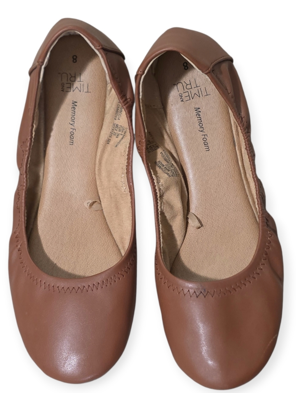 Time and Tru Brown Leather-Look Ballet Flats with Memory Foam